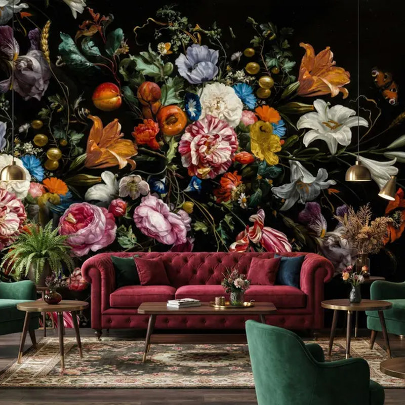 Dark botanical wallpaper in a dramatic living room