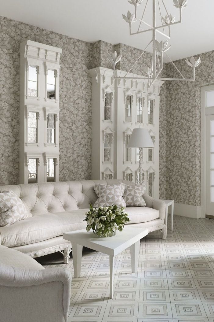 Patterned wallpaper in a bright living room